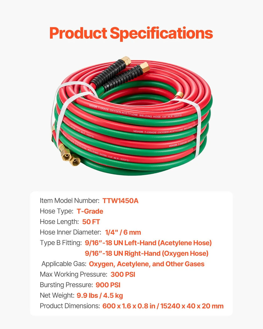 VEVOR Oxygen Acetylene Hose 1/4-Inch x 50FT Oxy Acetylene Hose 300PSI T Grade