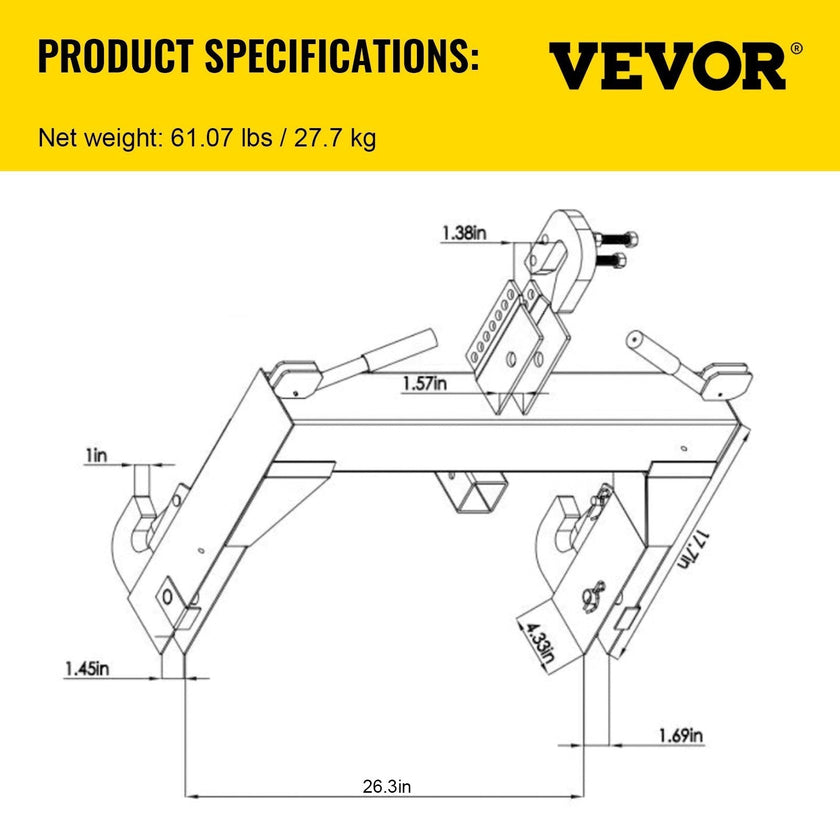 VEVOR 3-Point Quick Hitch, 3000 LBS Lifting Capacity Tractor Quick Hitch, 28.31\