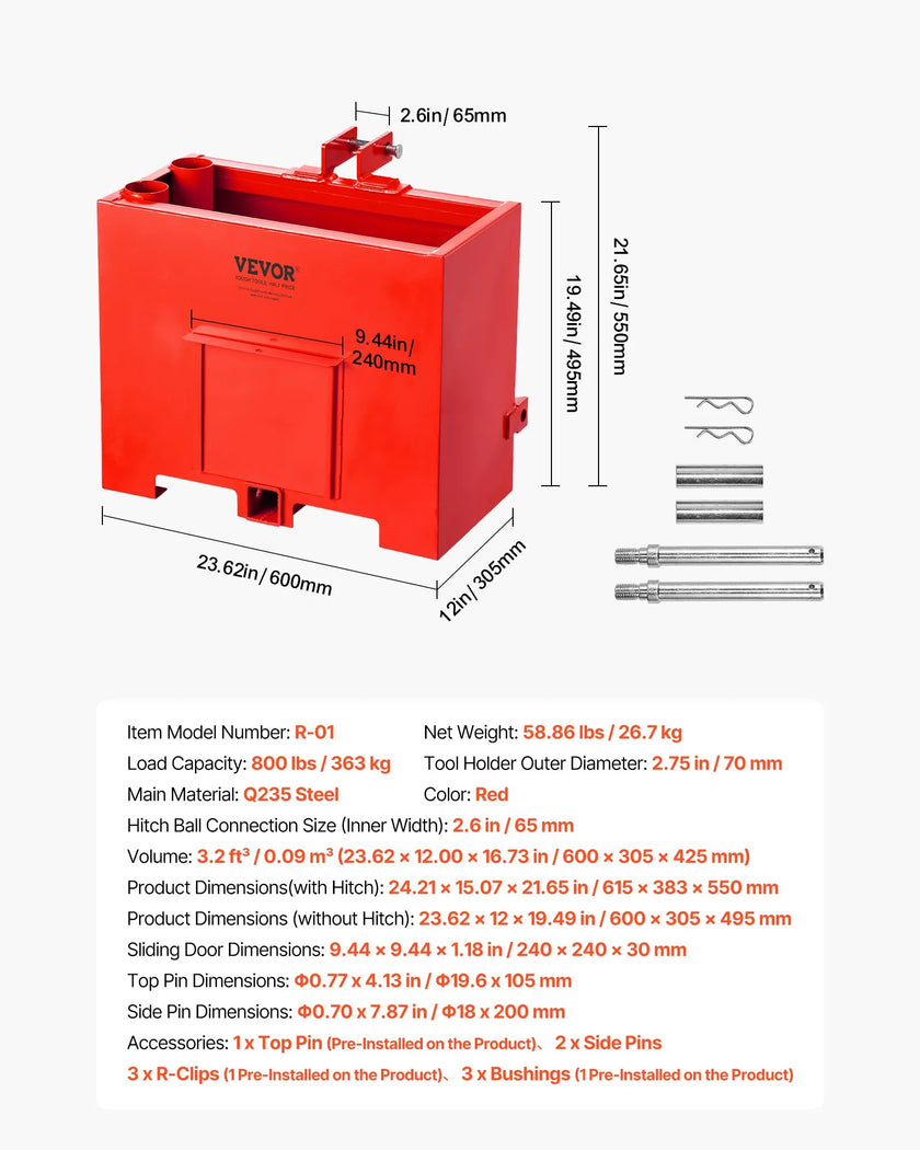 Ballast Box for Category 1 Tractors – 800 lb Capacity with 2