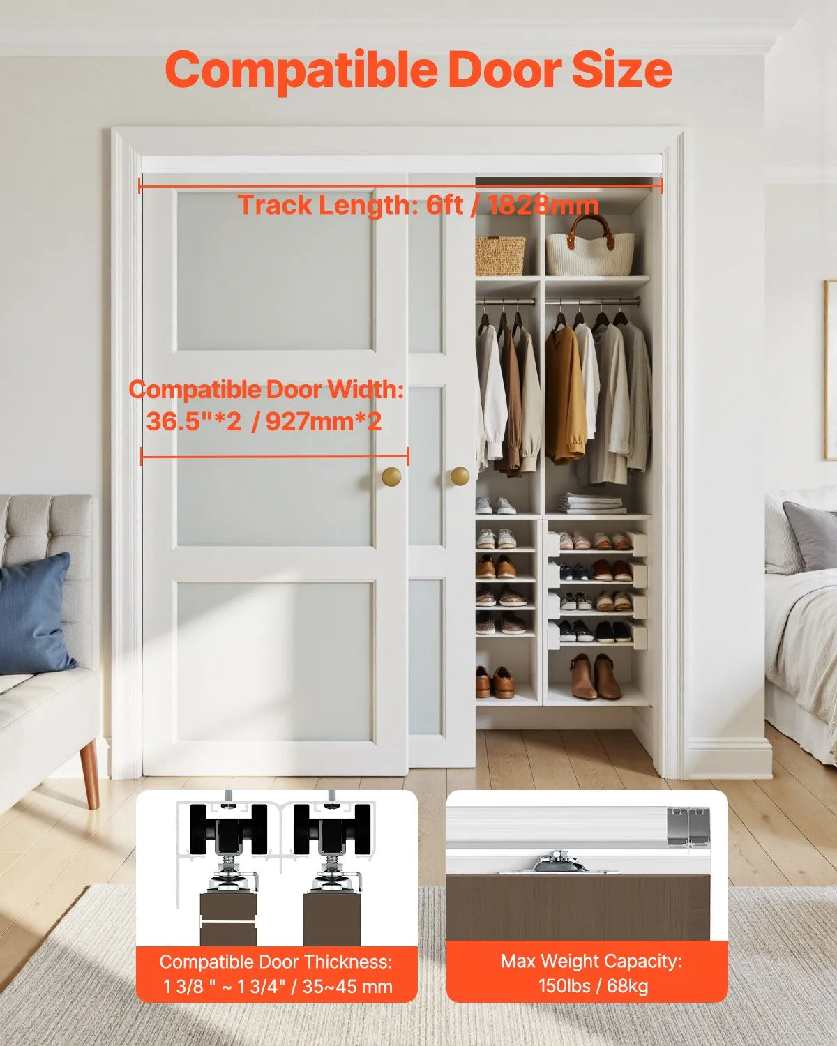 VEVOR Bypass Door Hardware 6ft Bypass Closet Door Track Kit for 2 Door System