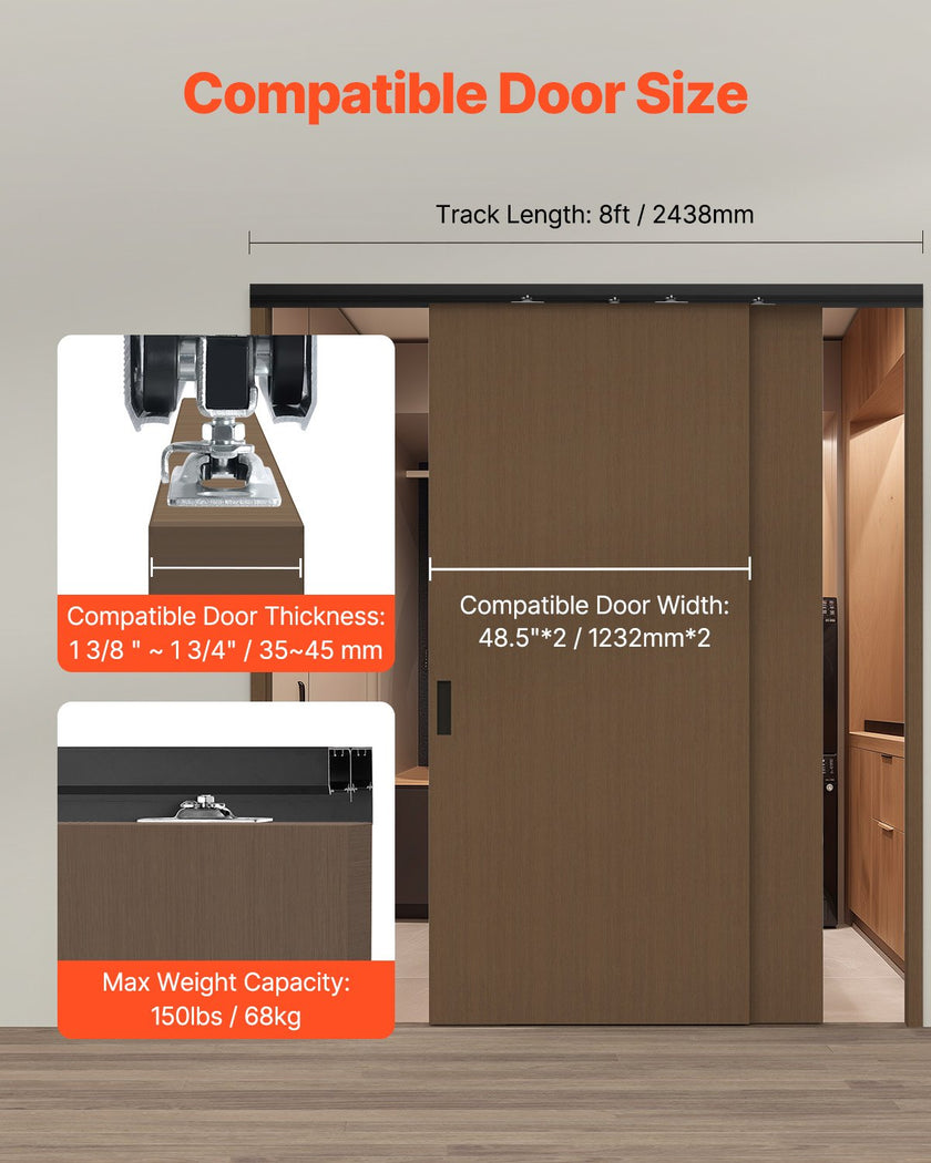 VEVOR Bypass Door Hardware 8ft Bypass Closet Door Track Kit for 2 Door System