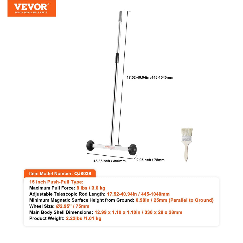 VEVOR Magnetic Sweeper with Wheels 15inch Mini 8 lbs Capacity Adjustable Handle