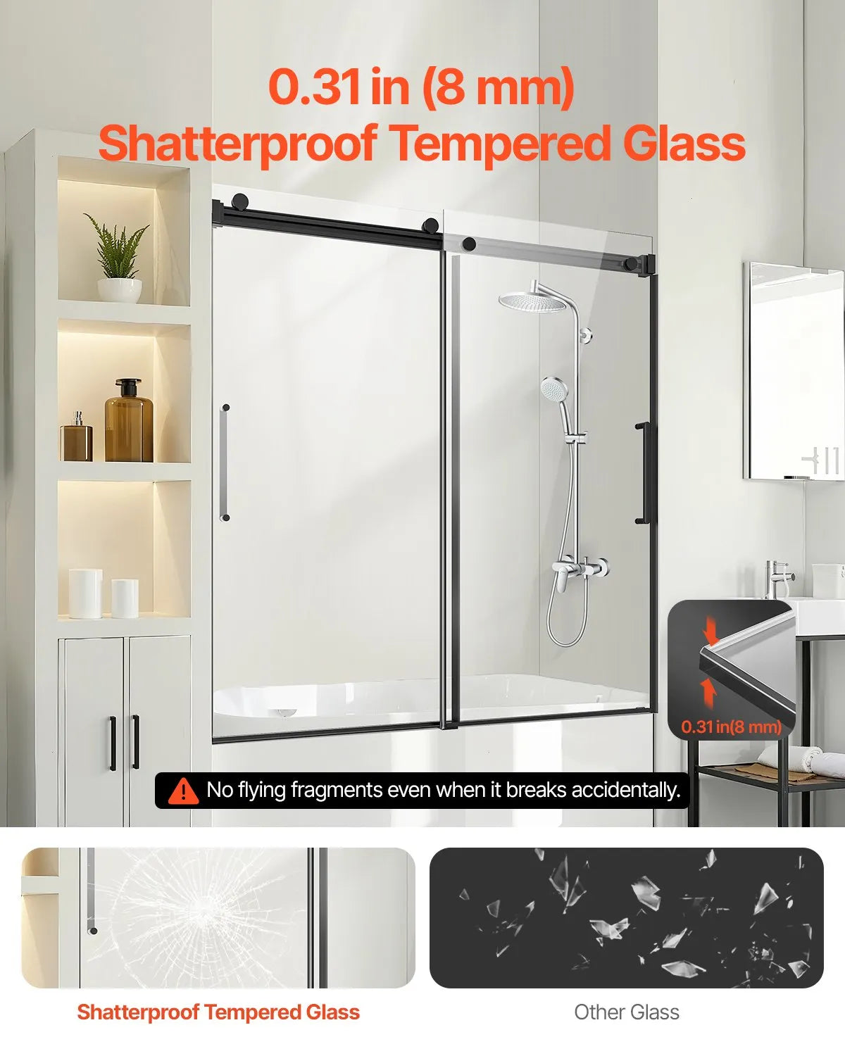 VEVOR Frameless Sliding Bathtub Door 56-60 in.W x 60 in.H Frameless Shower Door