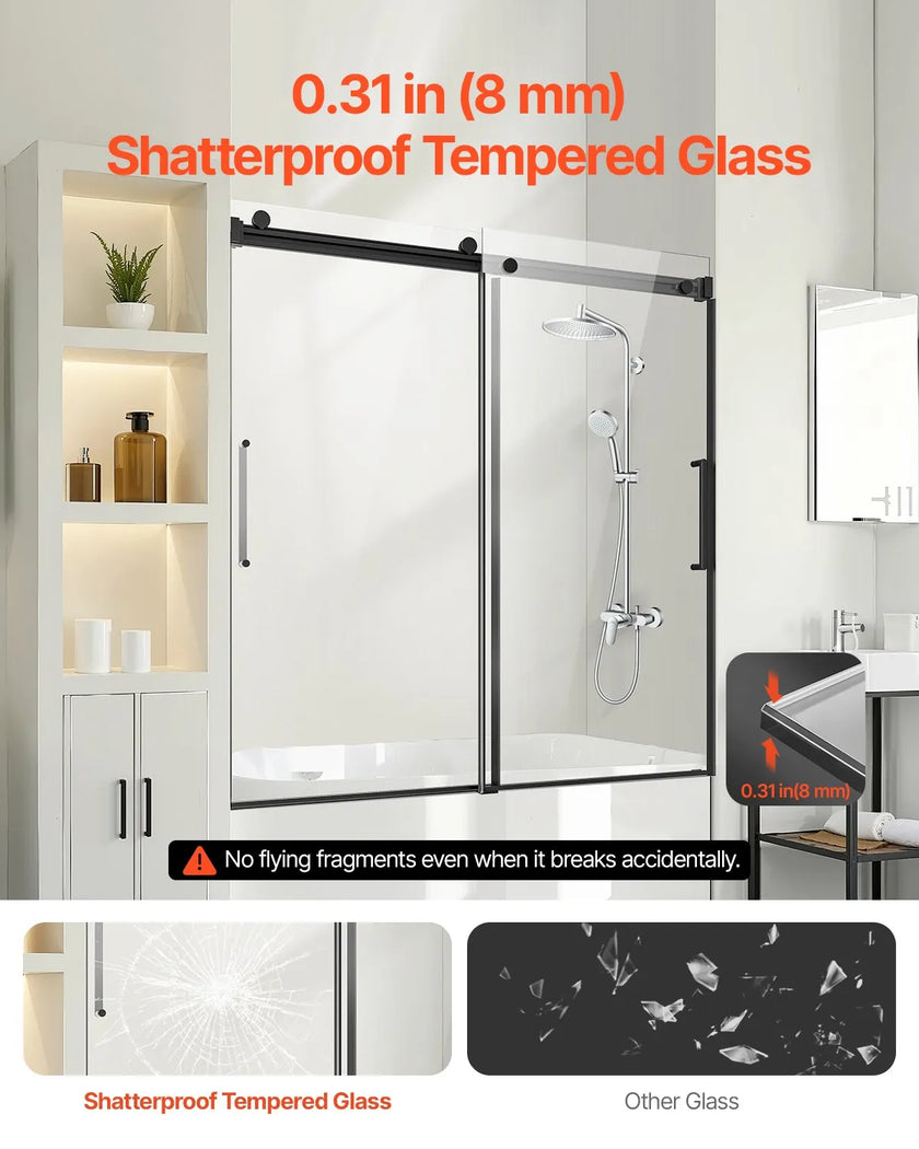 VEVOR Frameless Sliding Bathtub Door 56-60 in.W x 60 in.H Frameless Shower Door