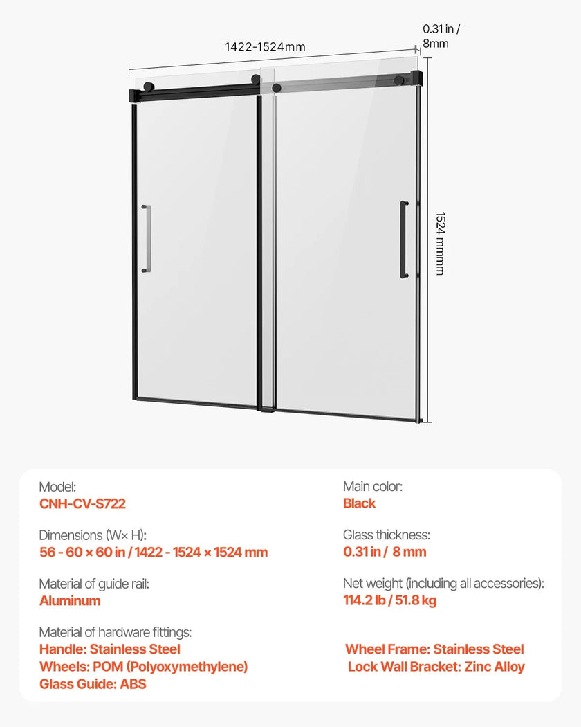 VEVOR Frameless Sliding Bathtub Door 56-60 in.W x 60 in.H Frameless Shower Door
