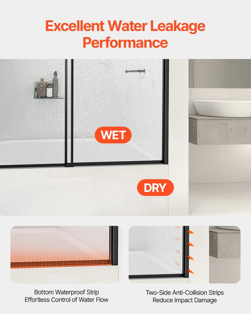 VEVOR Bathtub Shower Door 50-60 in. W x 60 in. H Semi-Frameless Bypass Tub Door