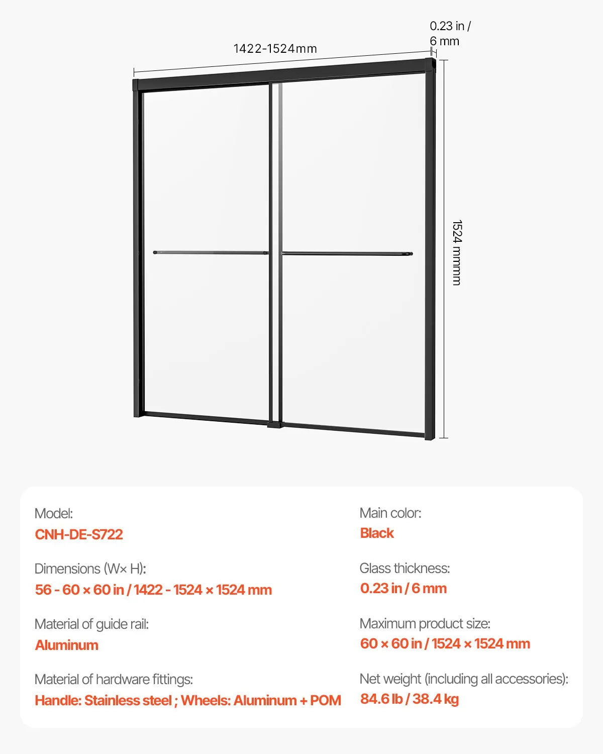 VEVOR Bathtub Shower Door 50-60 in. W x 60 in. H Semi-Frameless Bypass Tub Door