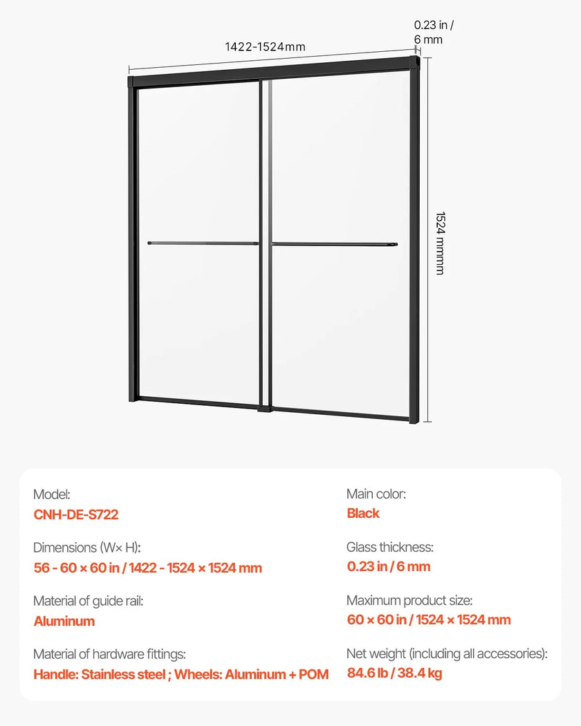 VEVOR Bathtub Shower Door 50-60 in. W x 60 in. H Semi-Frameless Bypass Tub Door