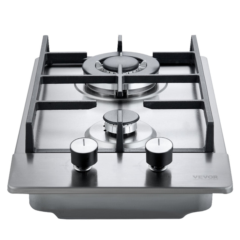 VEVOR Gas Cooktop 12 inch, Max 12250BTU 2 Burners Built-in Stainless Steel Gas Stove Top, LPG/NG Convertible Dual Fuel Natural Gas Hob with Thermocouple Protection