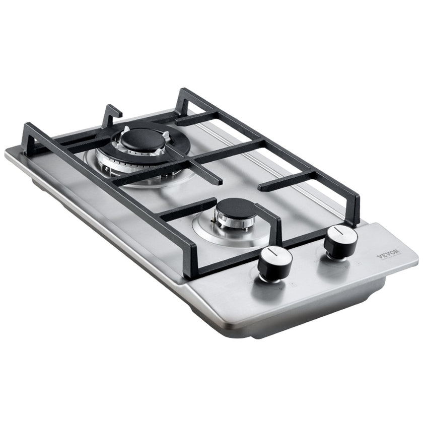 VEVOR Gas Cooktop 12 inch, Max 12250BTU 2 Burners Built-in Stainless Steel Gas Stove Top, LPG/NG Convertible Dual Fuel Natural Gas Hob with Thermocouple Protection