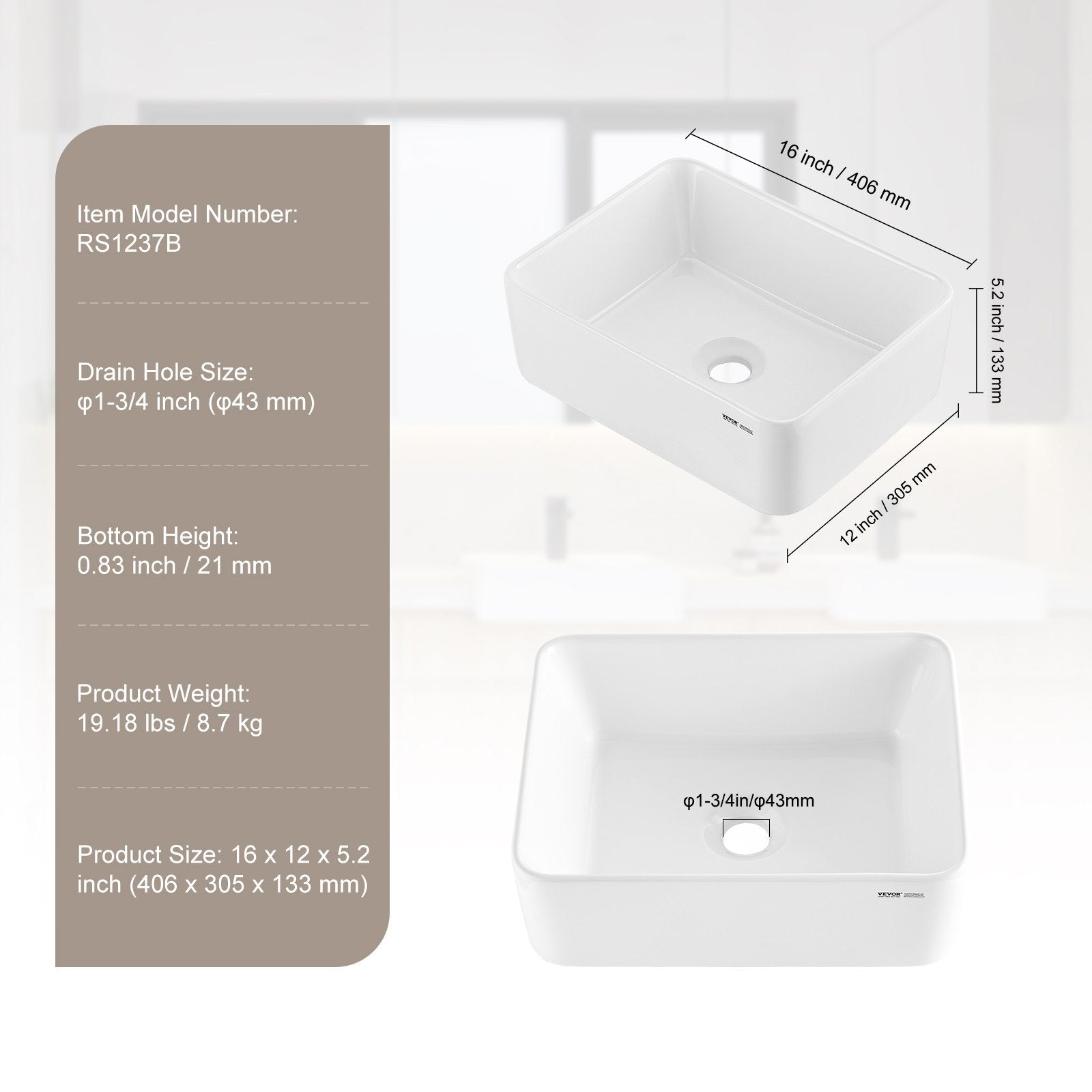 VEVOR Modern Ceramic Vessel Sink 16