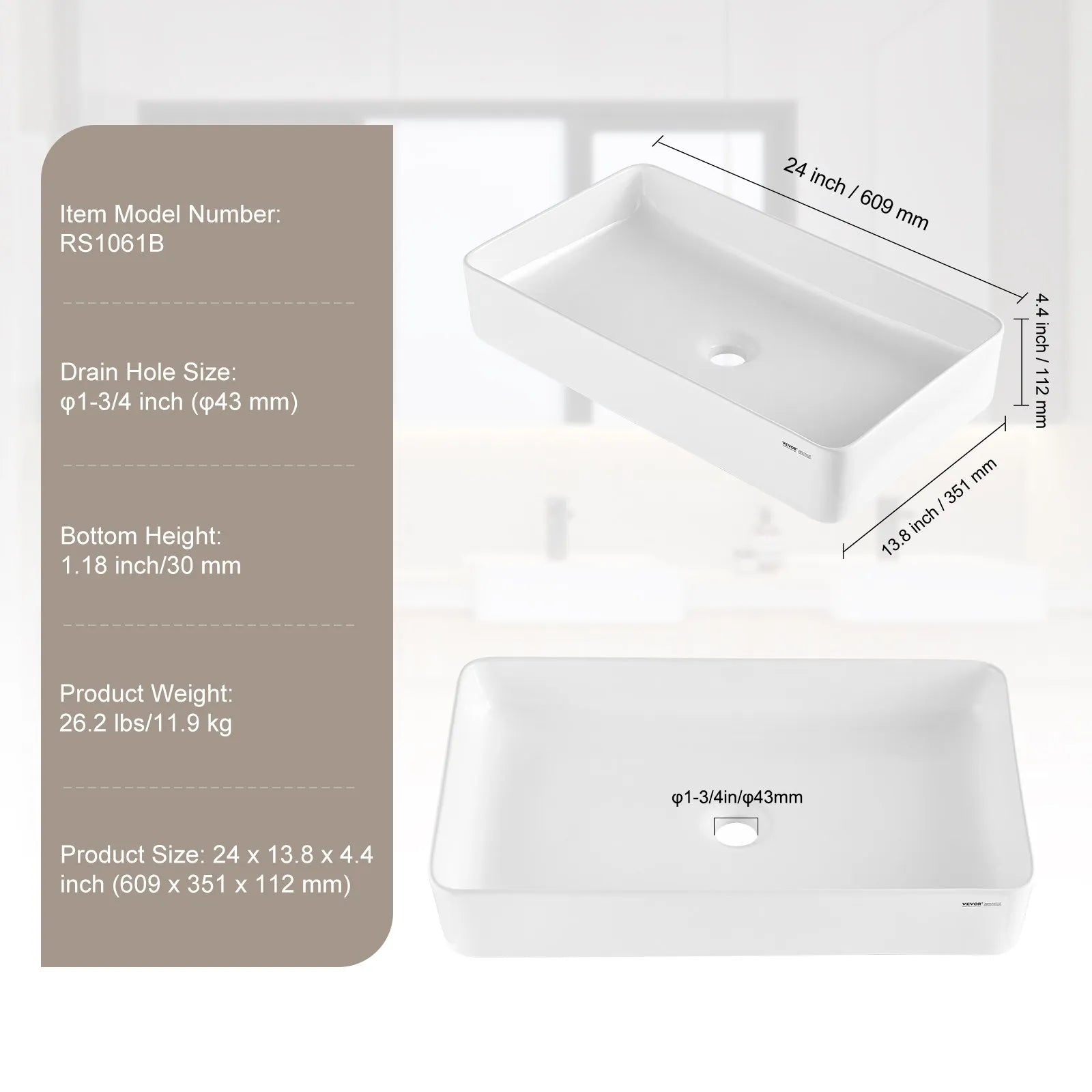 VEVOR Modern Ceramic Vessel Sink 24