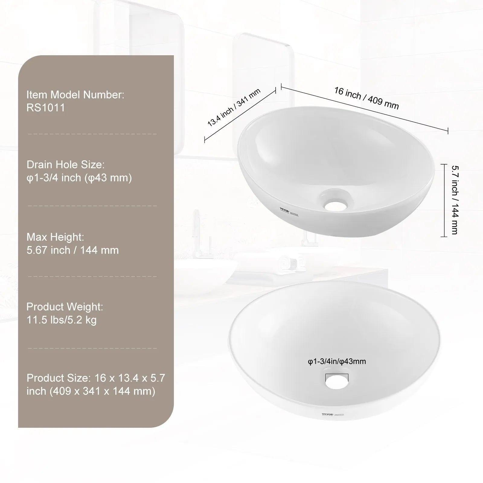 VEVOR Modern Ceramic Vessel Sink 16