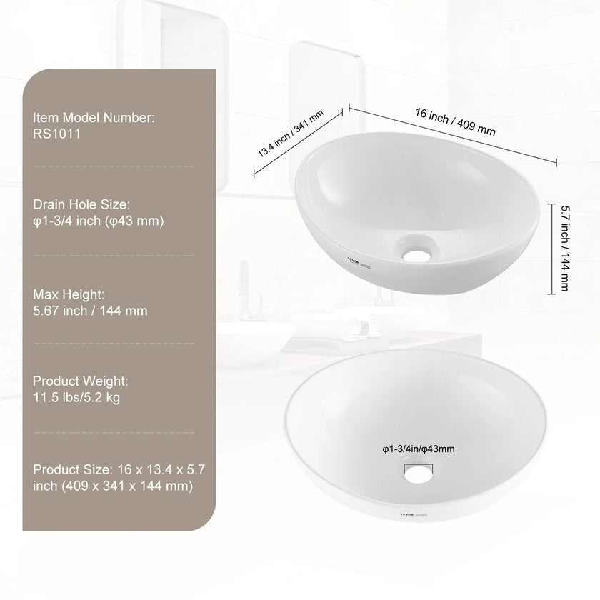 VEVOR Modern Ceramic Vessel Sink 16