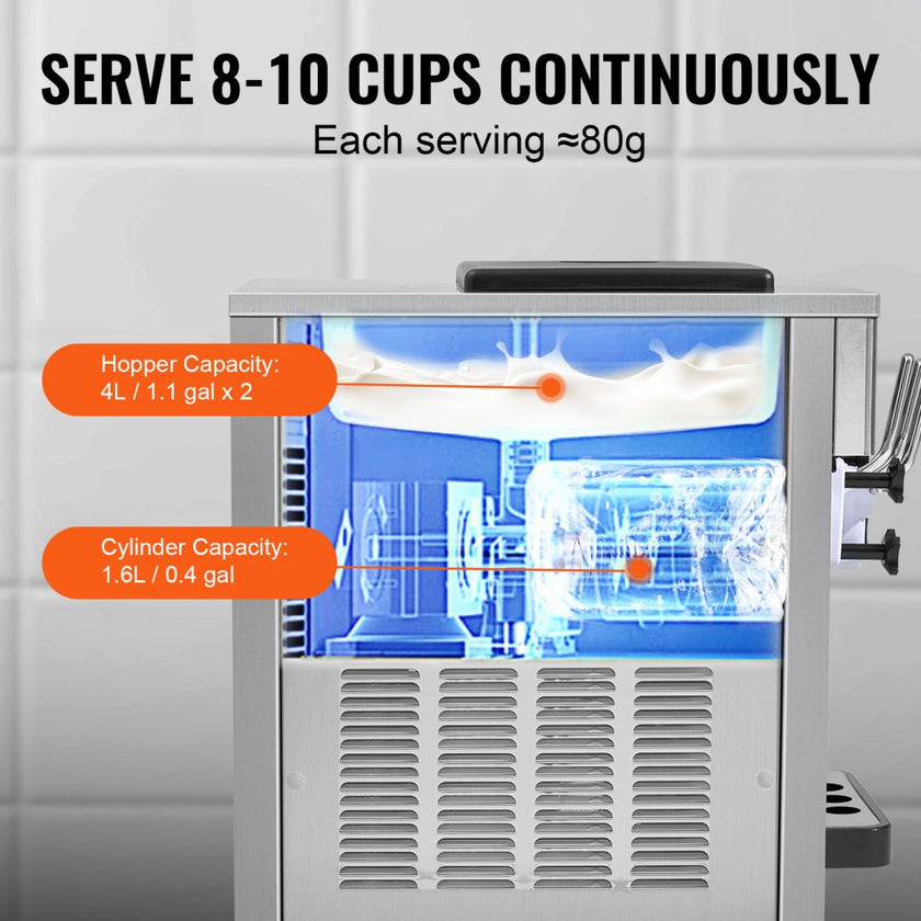 VEVOR Commercial Ice Cream Machine, 21 QT/H Yield, 1800W 3-Flavor Countertop Soft Serve Ice Cream Maker, 2 x 4L Hopper 2 x 1.8L Cylinder, LCD Panel Auto Clean Pre-cooling, for Restaurant Snack Bar