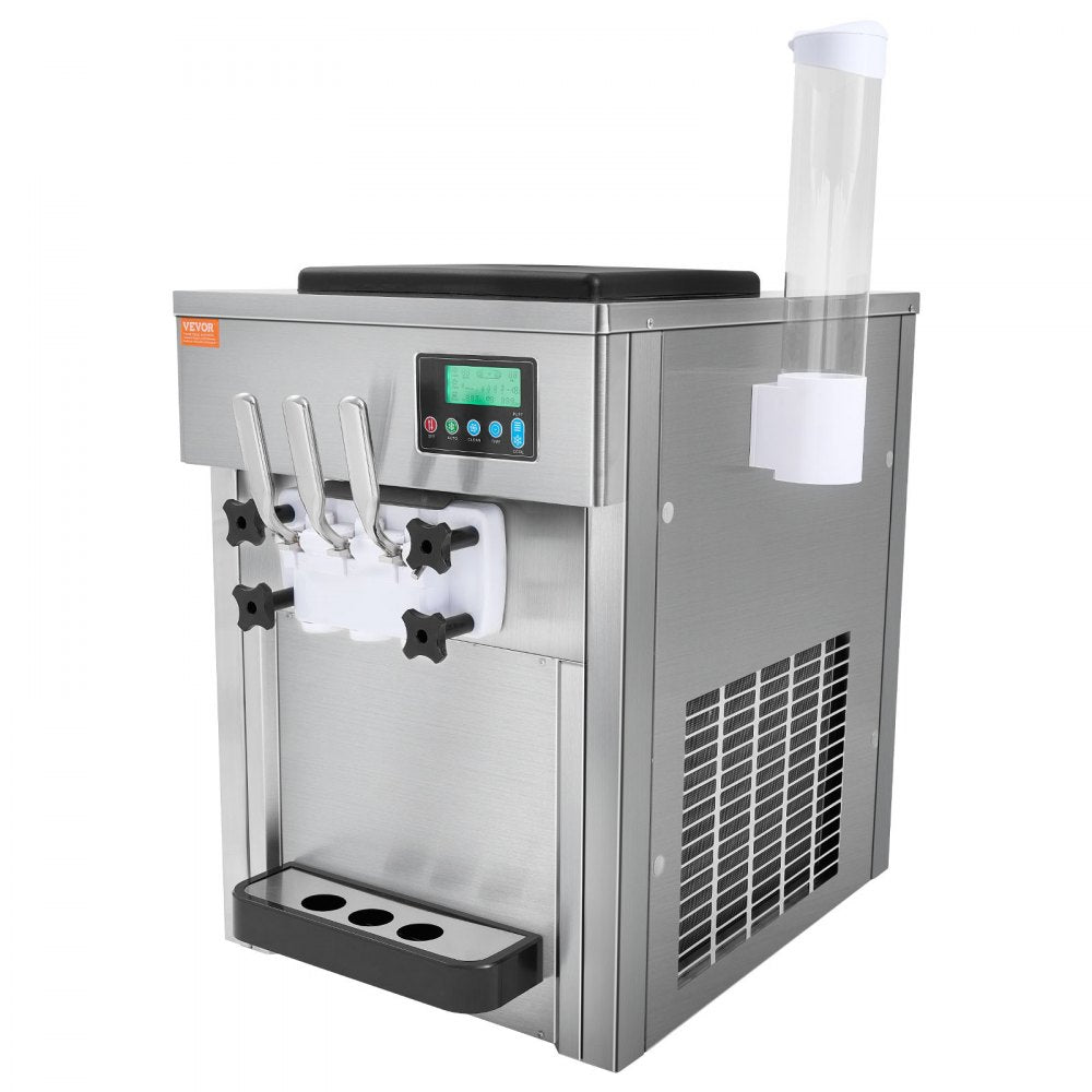 VEVOR Commercial Ice Cream Machine, 21 QT/H Yield, 1800W 3-Flavor Countertop Soft Serve Ice Cream Maker, 2 x 4L Hopper 2 x 1.8L Cylinder, LCD Panel Auto Clean Pre-cooling, for Restaurant Snack Bar