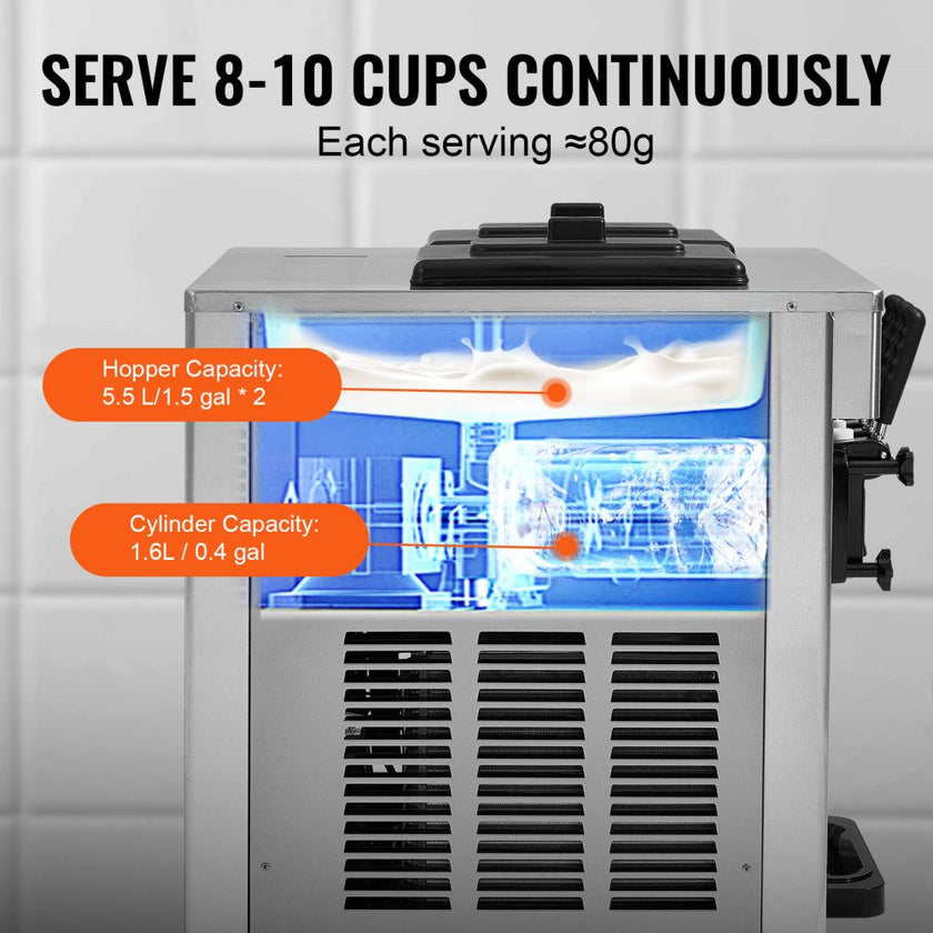 VEVOR Commercial Ice Cream Machine, 18-28 L/H Yield, 1850W 3-Flavor Countertop Soft Serve Ice Cream Maker,  2 x 5.5L Stainless Steel Cylinder, LED Panel Auto Clean Pre-cooling, for Restaurant Bars