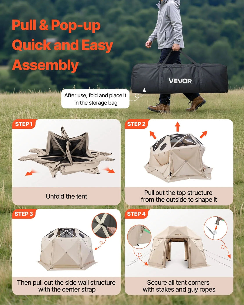 VEVOR Pop up Gazebo Screen Tent, 12 x 12 ft, 13-Sided Spherical Camping Canopy Tent with Removable Top & Carry Bag, Quick-Set & Bite-Proof, Screen House Sun Shelter for 8-10 Persons, Beige