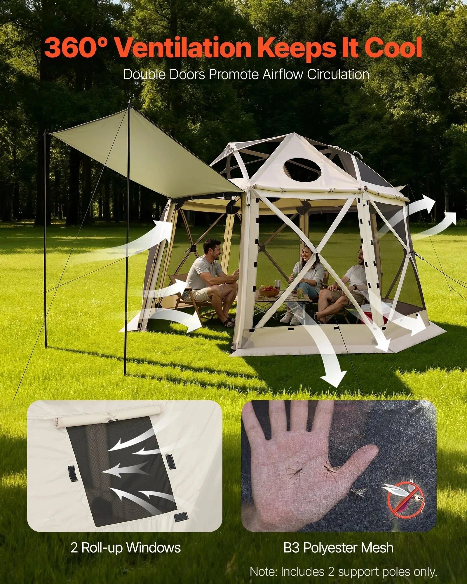 VEVOR Pop up Gazebo Screen Tent, 12 x 12 ft, 13-Sided Spherical Camping Canopy Tent with Removable Top & Carry Bag, Quick-Set & Bite-Proof, Screen House Sun Shelter for 8-10 Persons, Beige