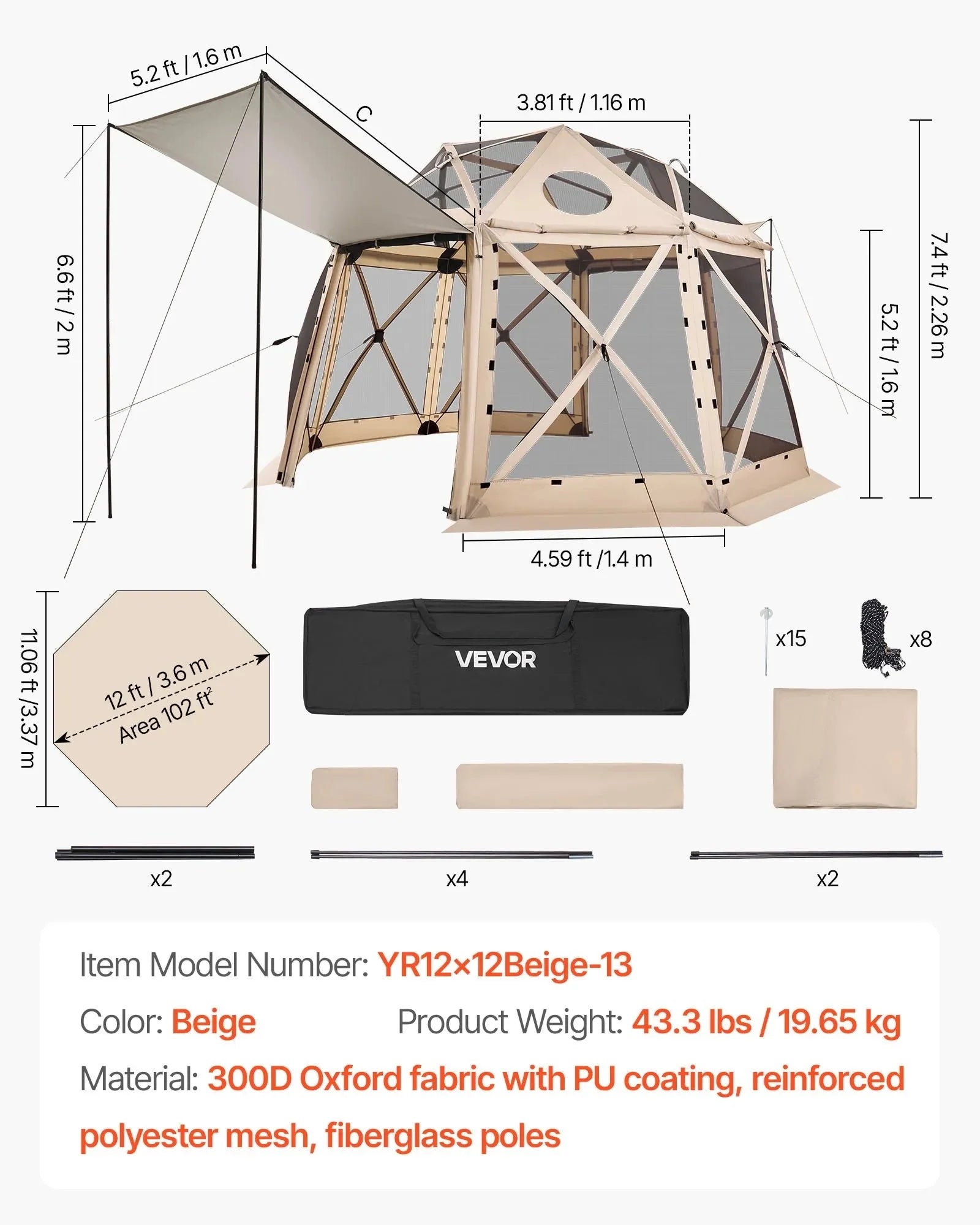 VEVOR Pop up Gazebo Screen Tent, 12 x 12 ft, 13-Sided Spherical Camping Canopy Tent with Removable Top & Carry Bag, Quick-Set & Bite-Proof, Screen House Sun Shelter for 8-10 Persons, Beige