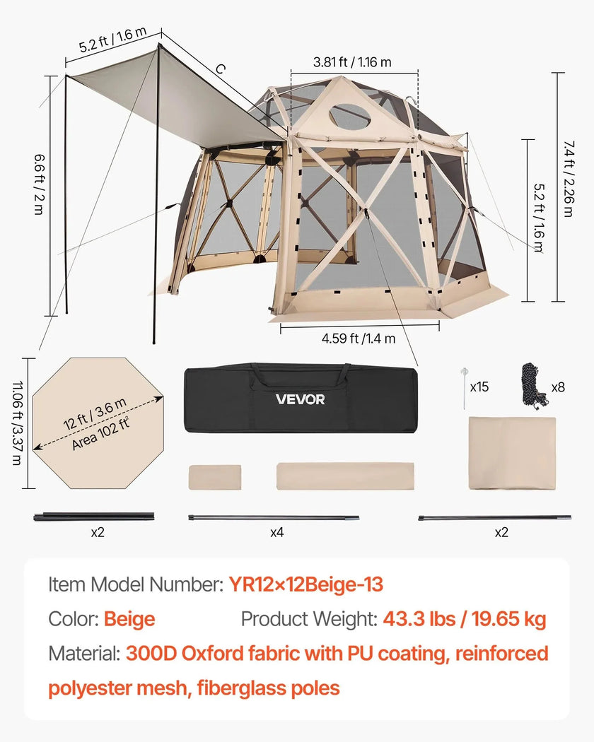 VEVOR Pop up Gazebo Screen Tent, 12 x 12 ft, 13-Sided Spherical Camping Canopy Tent with Removable Top & Carry Bag, Quick-Set & Bite-Proof, Screen House Sun Shelter for 8-10 Persons, Beige