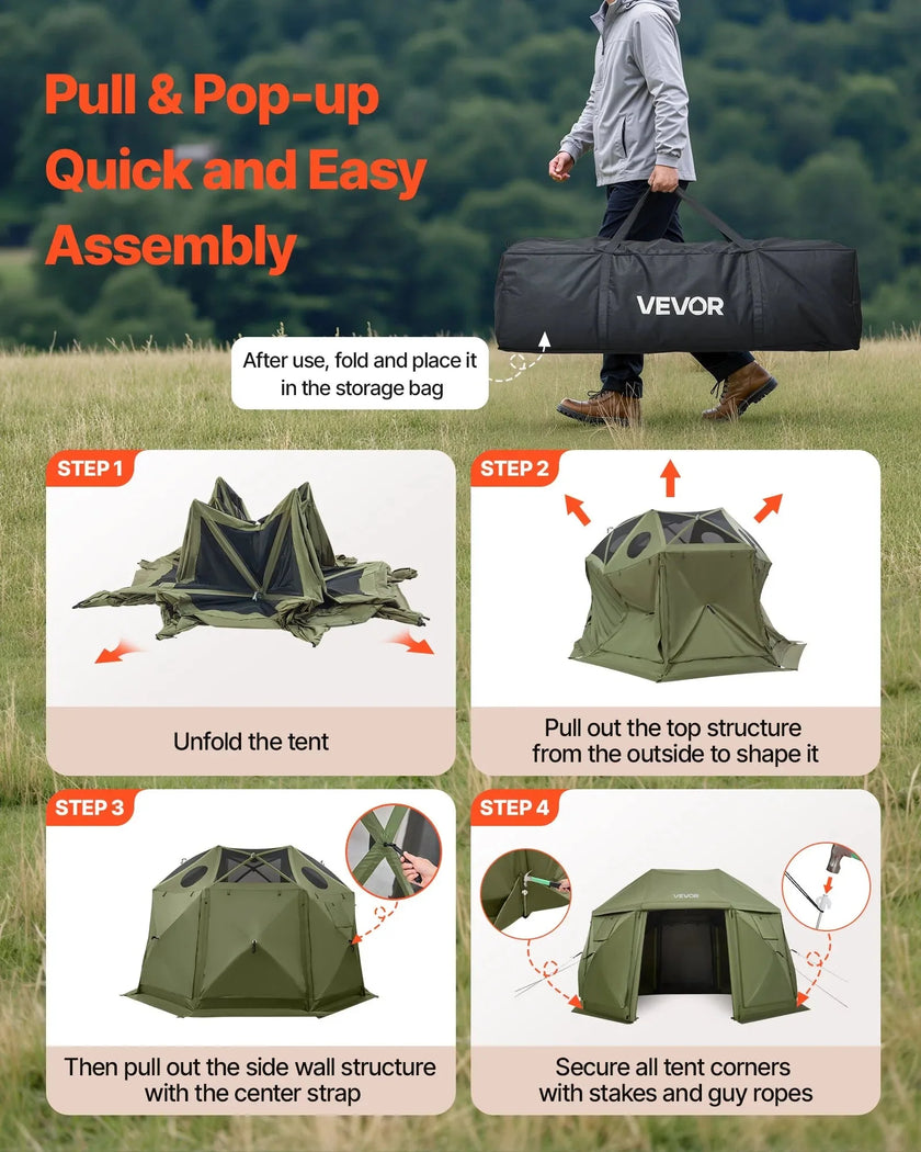 VEVOR Pop up Gazebo Screen Tent, 13 x 13 ft, 13-Sided Spherical Camping Canopy Tent with Removable Top & Carry Bag, Quick-Set & Bite-Proof, Screen House Sun Shelter for 10-12 Persons, Green