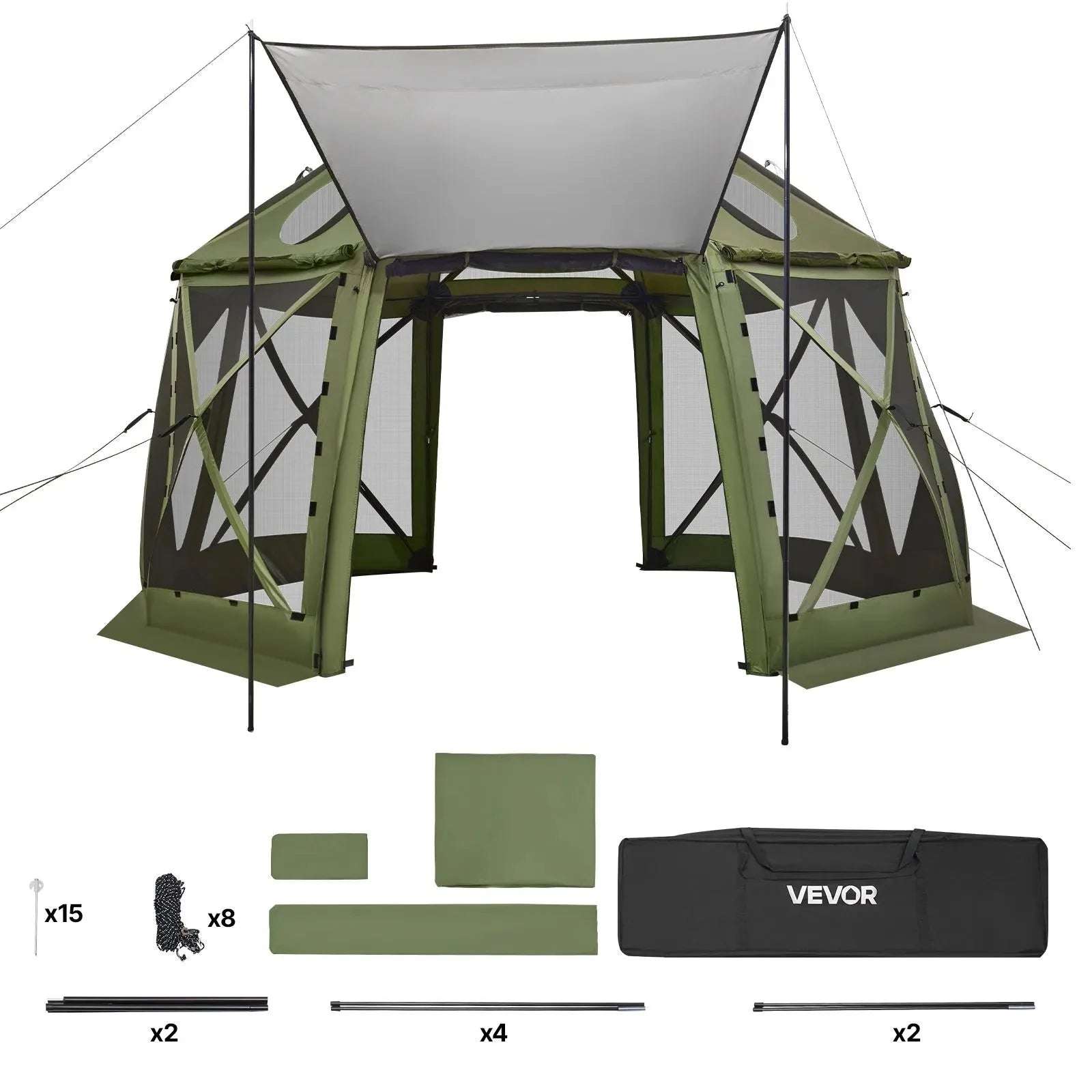 VEVOR Pop up Gazebo Screen Tent, 13 x 13 ft, 13-Sided Spherical Camping Canopy Tent with Removable Top & Carry Bag, Quick-Set & Bite-Proof, Screen House Sun Shelter for 10-12 Persons, Green