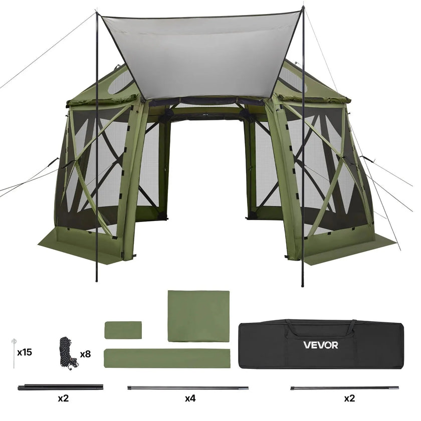 VEVOR Pop up Gazebo Screen Tent, 13 x 13 ft, 13-Sided Spherical Camping Canopy Tent with Removable Top & Carry Bag, Quick-Set & Bite-Proof, Screen House Sun Shelter for 10-12 Persons, Green