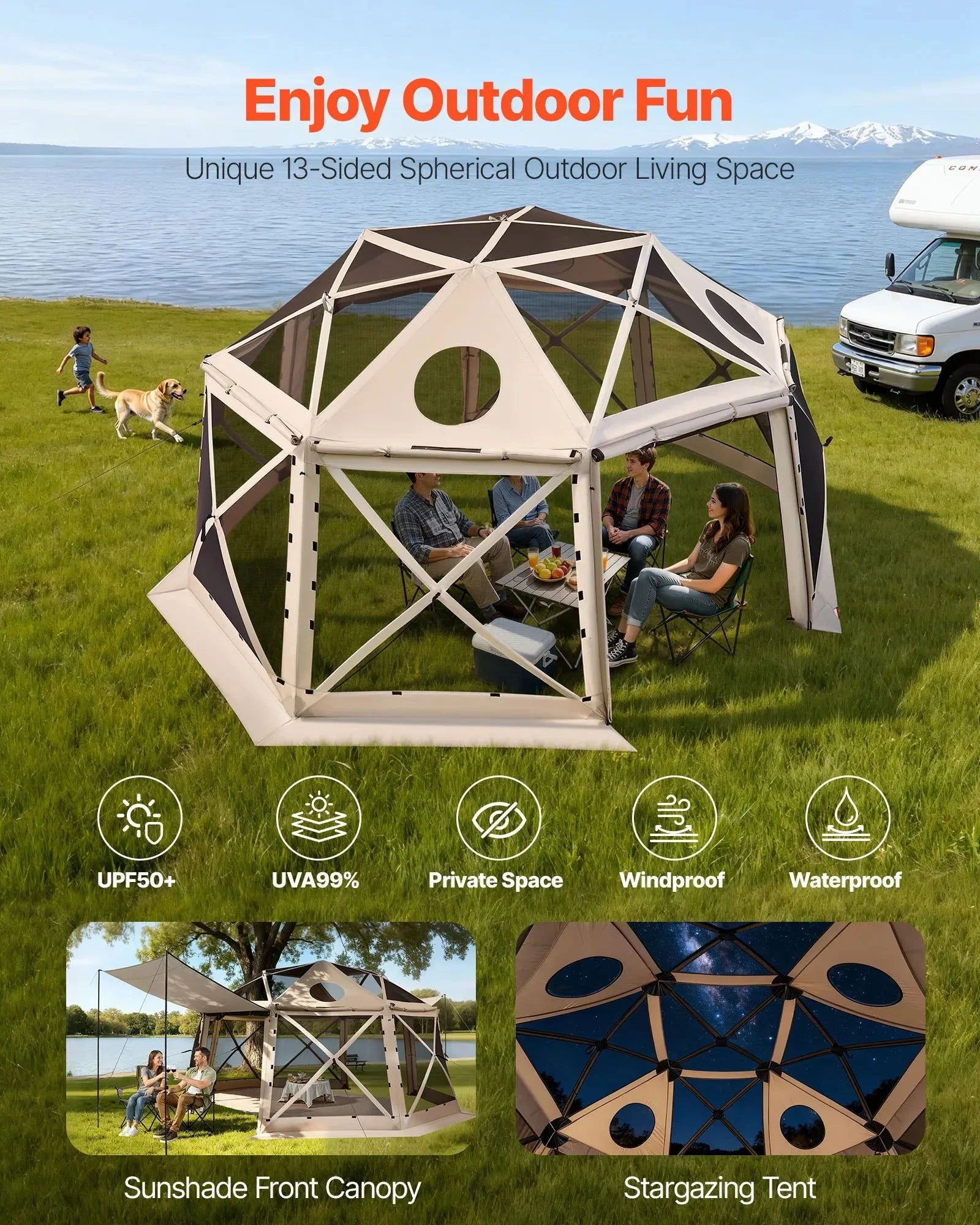VEVOR Pop up Gazebo Screen Tent, 15 x 15 ft, 13-Sided Spherical Camping Canopy Tent with Removable Top & Carry Bag, Quick-Set & Bite-Proof, Screen House Sun Shelter for 12-15 Persons, Beige