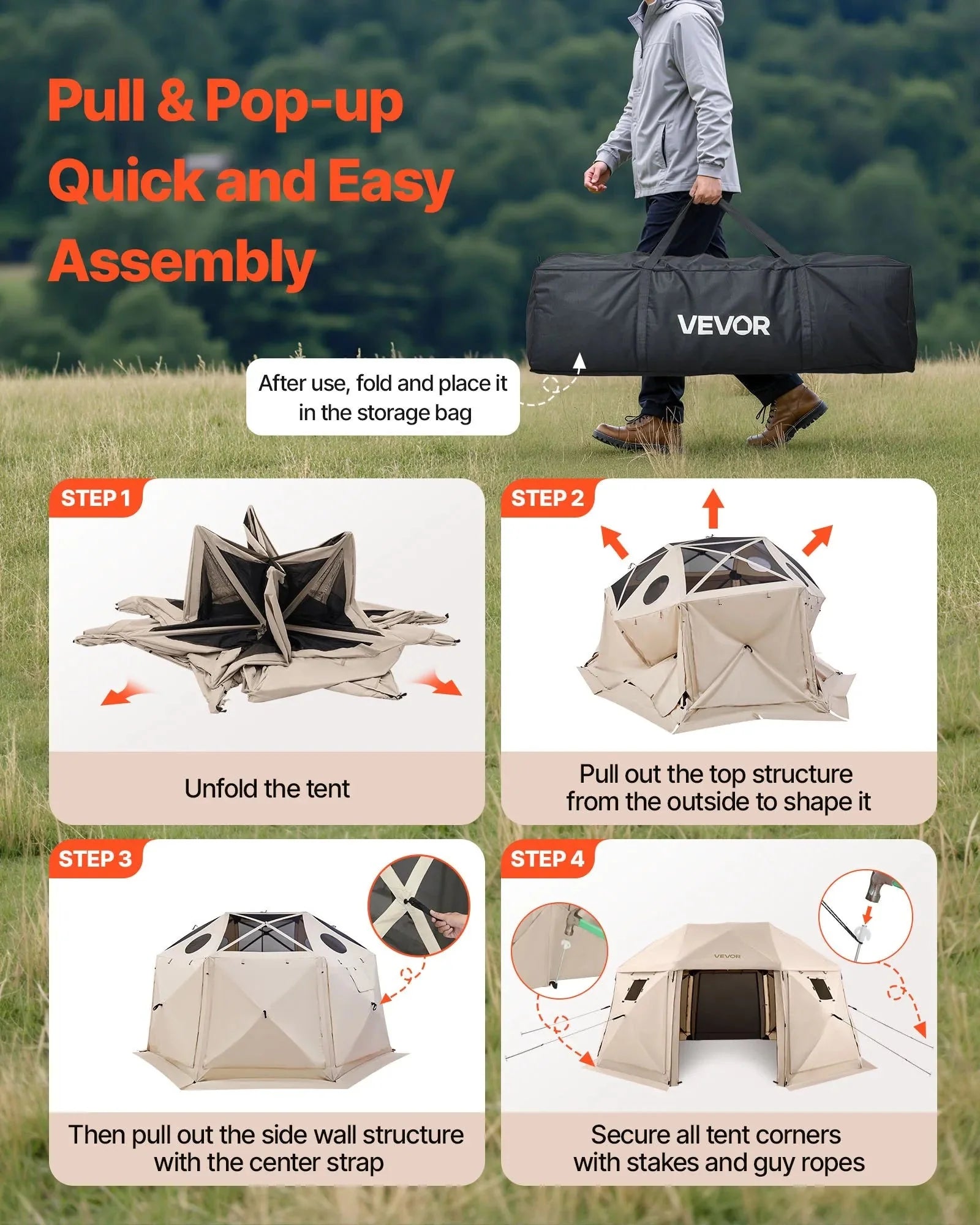 VEVOR Pop up Gazebo Screen Tent, 15 x 15 ft, 13-Sided Spherical Camping Canopy Tent with Removable Top & Carry Bag, Quick-Set & Bite-Proof, Screen House Sun Shelter for 12-15 Persons, Beige