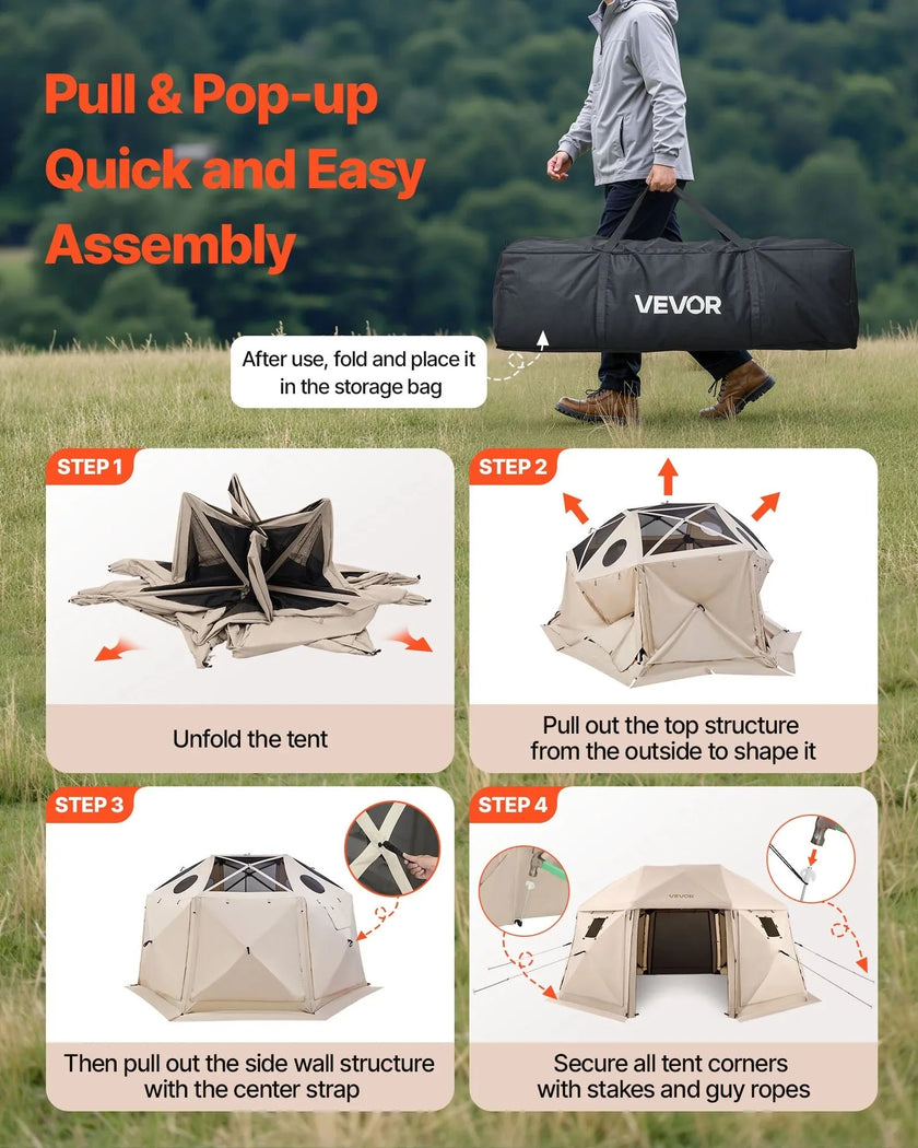 VEVOR Pop up Gazebo Screen Tent, 15 x 15 ft, 13-Sided Spherical Camping Canopy Tent with Removable Top & Carry Bag, Quick-Set & Bite-Proof, Screen House Sun Shelter for 12-15 Persons, Beige
