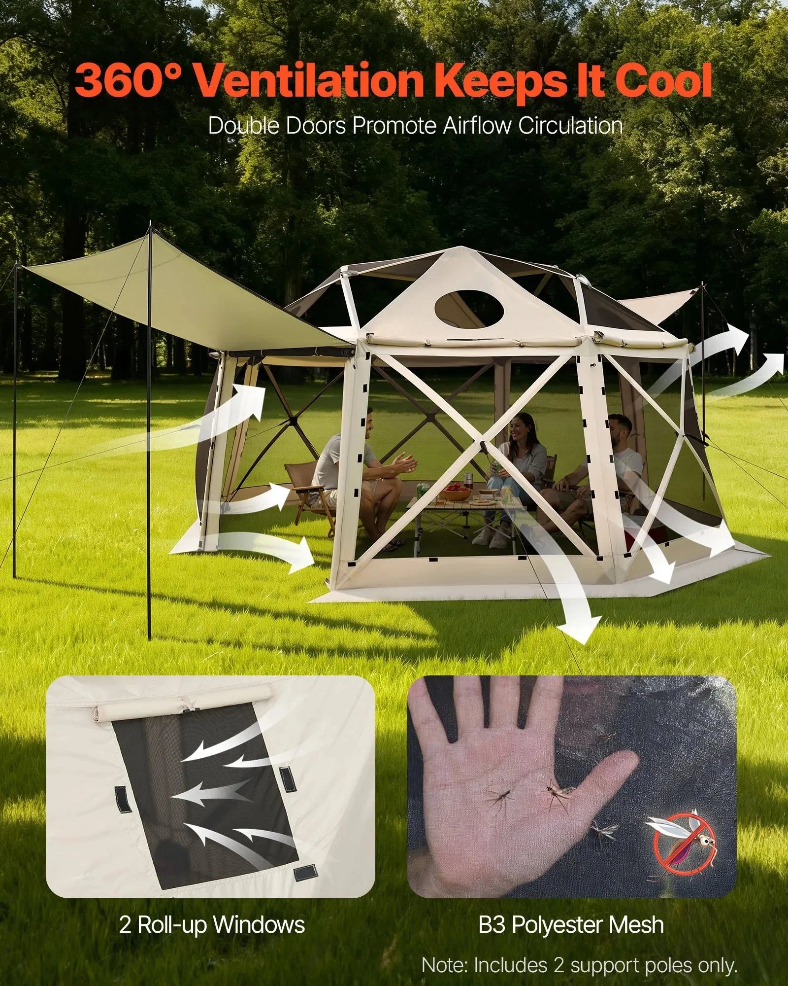VEVOR Pop up Gazebo Screen Tent, 15 x 15 ft, 13-Sided Spherical Camping Canopy Tent with Removable Top & Carry Bag, Quick-Set & Bite-Proof, Screen House Sun Shelter for 12-15 Persons, Beige