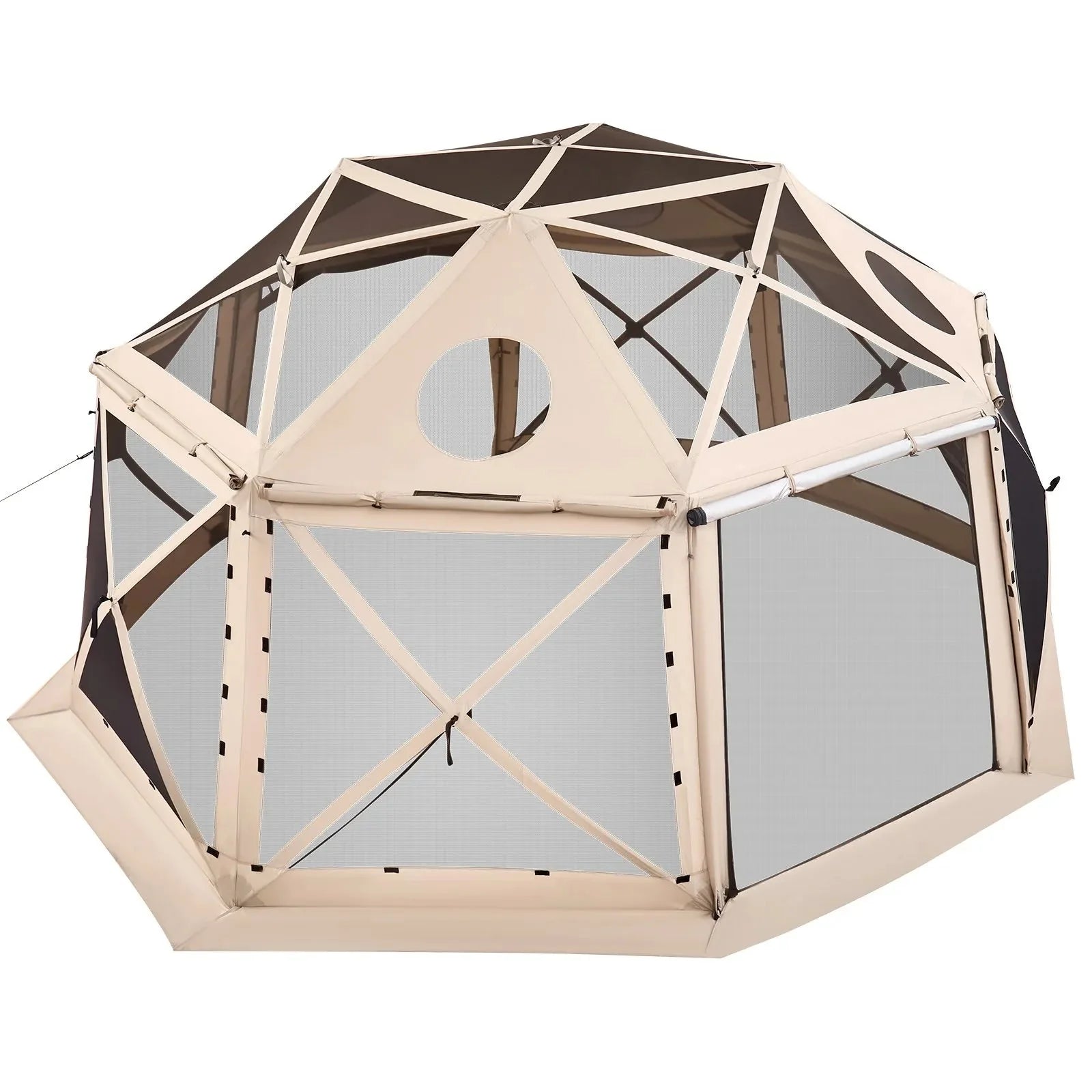 VEVOR Pop up Gazebo Screen Tent, 15 x 15 ft, 13-Sided Spherical Camping Canopy Tent with Removable Top & Carry Bag, Quick-Set & Bite-Proof, Screen House Sun Shelter for 12-15 Persons, Beige