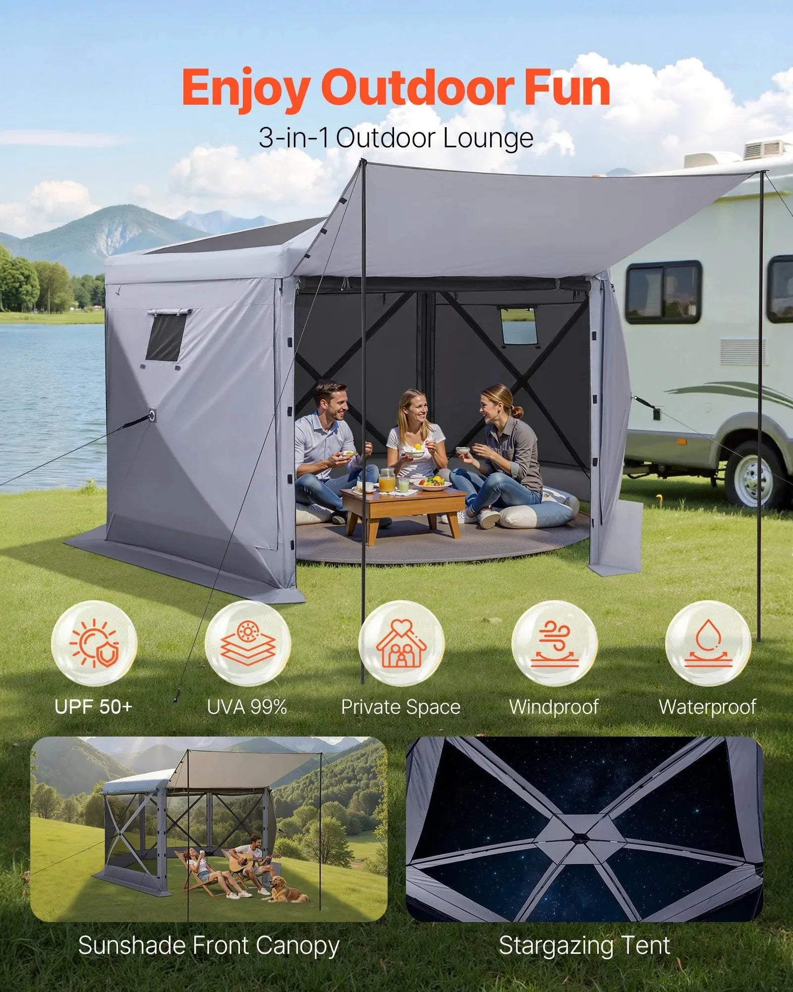 VEVOR Pop up Gazebo Screen Tent, 12 x 12 ft Large 6-Sided Camping Canopy Tent with Removable Top & Carry Bag, Quick-Set & Bite-Proof, Screen House Sun Shelter for 8-10 Persons Backyard Patio, Grey
