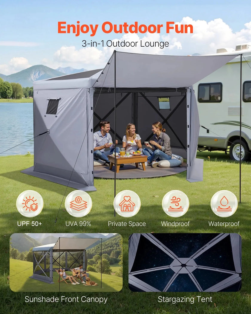 VEVOR Pop up Gazebo Screen Tent, 12 x 12 ft Large 6-Sided Camping Canopy Tent with Removable Top & Carry Bag, Quick-Set & Bite-Proof, Screen House Sun Shelter for 8-10 Persons Backyard Patio, Grey