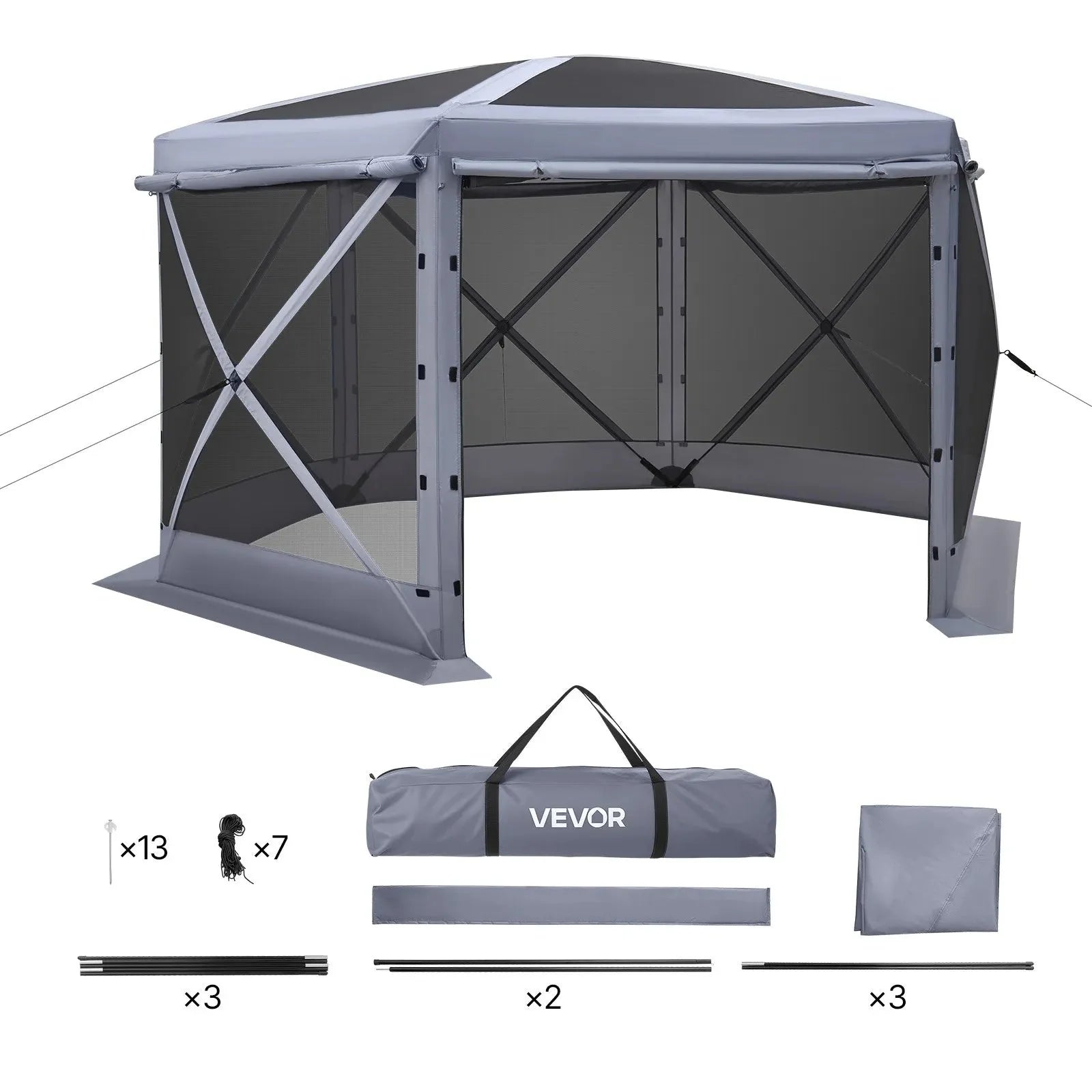 VEVOR Pop up Gazebo Screen Tent, 12 x 12 ft Large 6-Sided Camping Canopy Tent with Removable Top & Carry Bag, Quick-Set & Bite-Proof, Screen House Sun Shelter for 8-10 Persons Backyard Patio, Grey