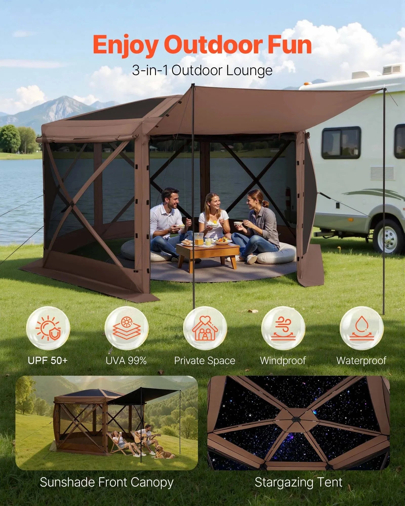 VEVOR Pop up Gazebo Screen Tent, 12 x 12 ft Large 6-Sided Camping Canopy Tent with Removable Top & Carry Bag, Quick-Set & Bite-Proof, Screen House Sun Shelter for 8-10 Persons Backyard Patio, Brown