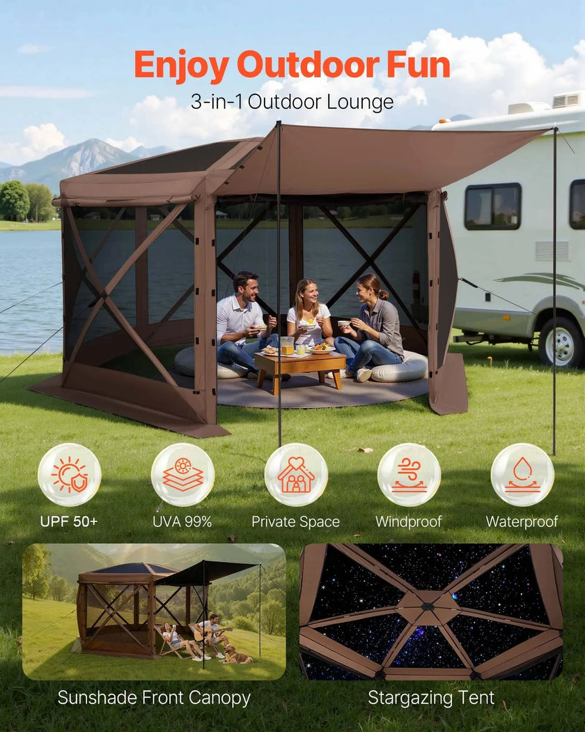 VEVOR Pop up Gazebo Screen Tent, 12 x 12 ft Large 6-Sided Camping Canopy Tent with Removable Top & Carry Bag, Quick-Set & Bite-Proof, Screen House Sun Shelter for 8-10 Persons Backyard Patio, Brown