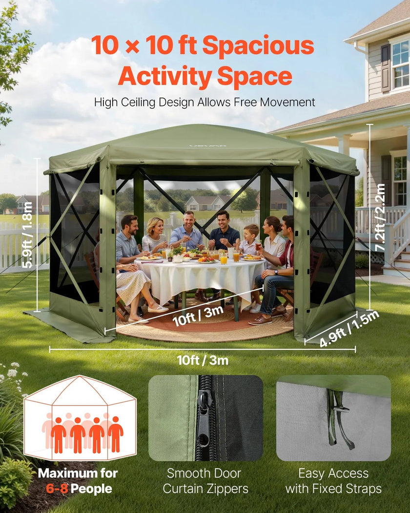 VEVOR Pop up Gazebo Screen Tent, 10 x 10 ft Large 6-Sided Camping Canopy Tent with Removable Top & Carry Bag, Quick-Set & Bite-Proof, Screen House Sun Shelter for 6-8 Persons Backyard Patio, Green
