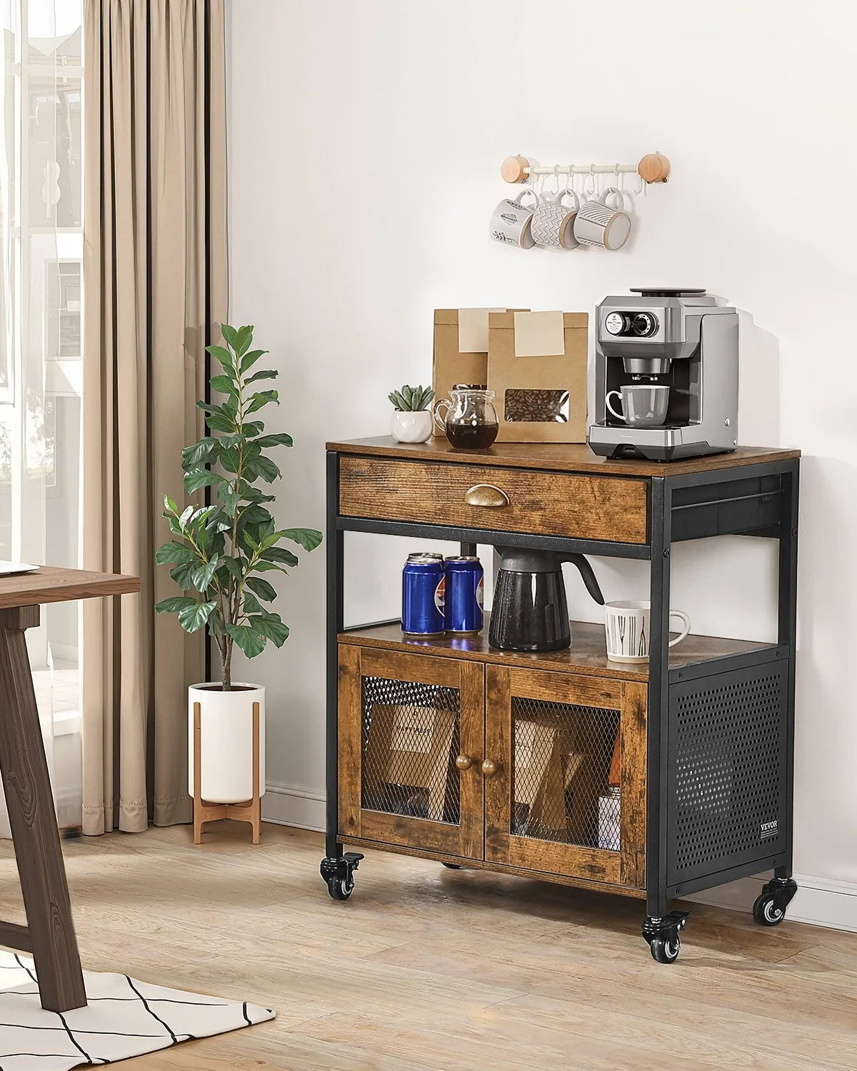 VEVOR Coffee Bar Cabinet 4-Tier Movable Coffee Bar Table with Wheels & Mesh Door