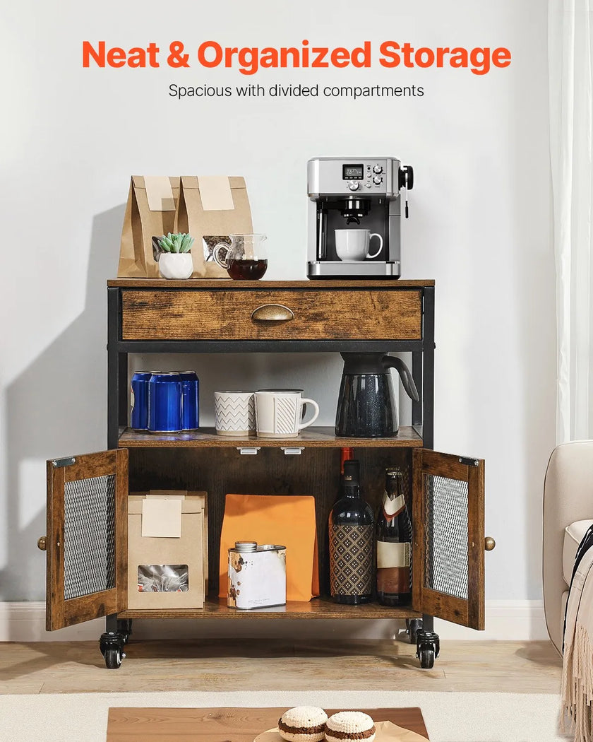 VEVOR Coffee Bar Cabinet 4-Tier Movable Coffee Bar Table with Wheels & Mesh Door