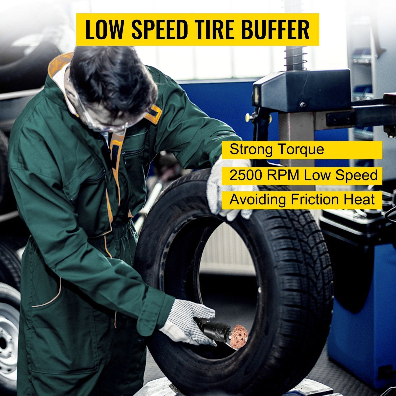 VEVOR Air Tire Buffer, 2500rpm Low Speed Tire Buffer, 35 mm Pneumatic Buffing Tool, Variable Speed Tire Grinder With Whip Hose, Tire Repair Buffing Wheel For Inner Liner Cleaning, Reaming And Drilling