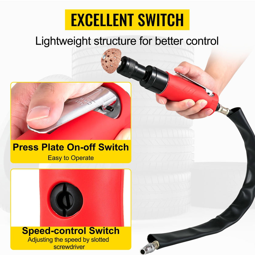 VEVOR Air Tire Buffer, 2500rpm Low Speed Tire Buffer, 35 mm Pneumatic Buffing Tool, Variable Speed Tire Grinder With Whip Hose, Tire Repair Buffing Wheel For Inner Liner Cleaning, Reaming And Drilling