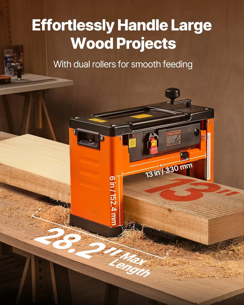 VEVOR Thickness Planer, Three-Blade, 13-Inch Width Worktable Power Benchtop Planer, 2000W 23500 RPM Powerful Motor, Dual Rollers, Over Protection, Single Speed Woodworking, for Hard Soft Wood Material