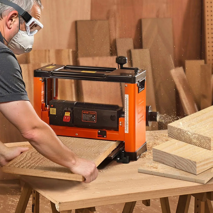 VEVOR Thickness Planer, Three-Blade, 13-Inch Width Worktable Power Benchtop Planer, 2000W 23500 RPM Powerful Motor, Dual Rollers, Over Protection, Single Speed Woodworking, for Hard Soft Wood Material