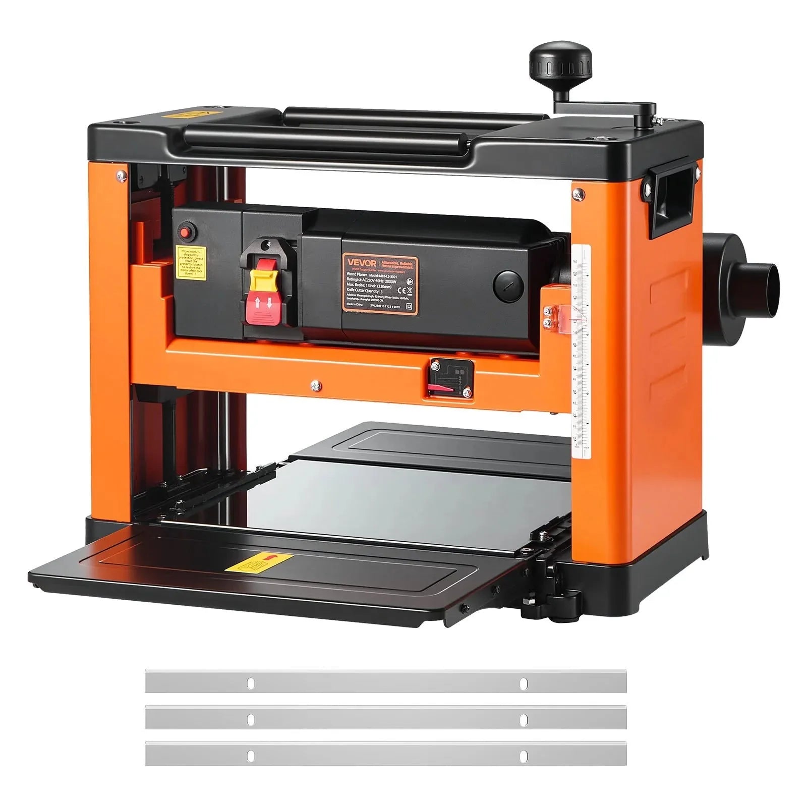 VEVOR Thickness Planer, Three-Blade, 13-Inch Width Worktable Power Benchtop Planer, 2000W 23500 RPM Powerful Motor, Dual Rollers, Over Protection, Single Speed Woodworking, for Hard Soft Wood Material