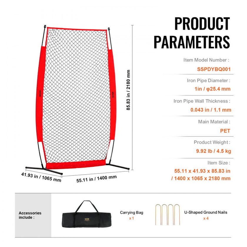 VEVOR I Screen Baseball for Batting Cage, 7x4 ft Baseball & Softball Safety Screen, Body Protector Portable Batting Screen with Carry Bag & Ground Stakes, Baseball Pitching Net for Pitchers Protection