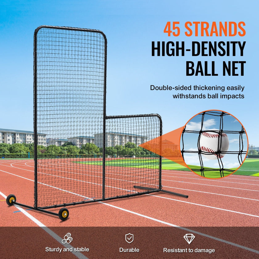 VEVOR L Screen Baseball for Batting Cage, 7x7 ft Softball Safety Screen, Body Protector Portable Batting Screen with Carry Bag, Wheels, Ground Stakes, Heavy Duty Pitching Net for Pitchers Protection