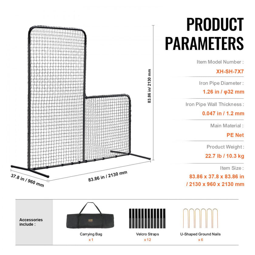 VEVOR L Screen Baseball for Batting Cage, 7x7 ft Baseball Softball Safety Screen, Body Protector Portable Batting Screen with Carry Bag & Ground Stakes, Heavy Duty Pitching Net for Pitchers Protection