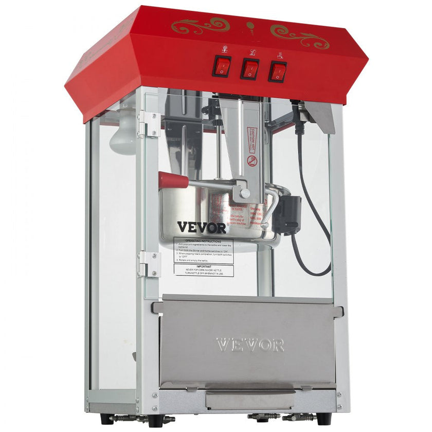 VEVOR Commercial Popcorn Machine, 8 Oz Kettle, 850 W Countertop Popcorn Maker for 48 Cups per Batch, Theater Style Popper with 3-Switch Control Steel Frame Tempered Glass Doors 1 Scoop 2 Spoons, Red